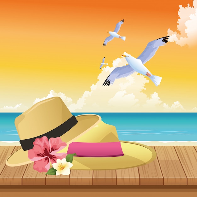 Summer time in beach vacations hats flowers seagull leaves