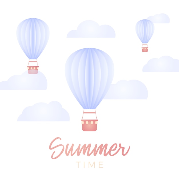 Summer time card. hot air ballon and cloud in the blue sky with paper art design   design element and illustration