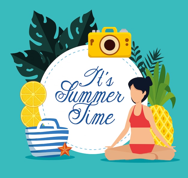 summer time card with woman sitting with swimsuit and fruits