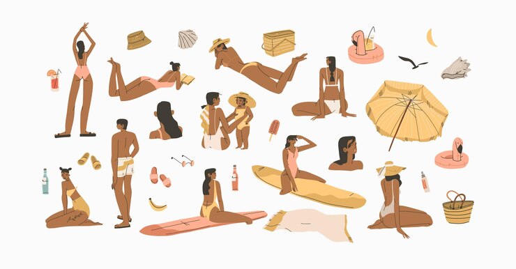 Vector summer time cartoonminimalistic style illustrations collection set with bohemian beautiful people