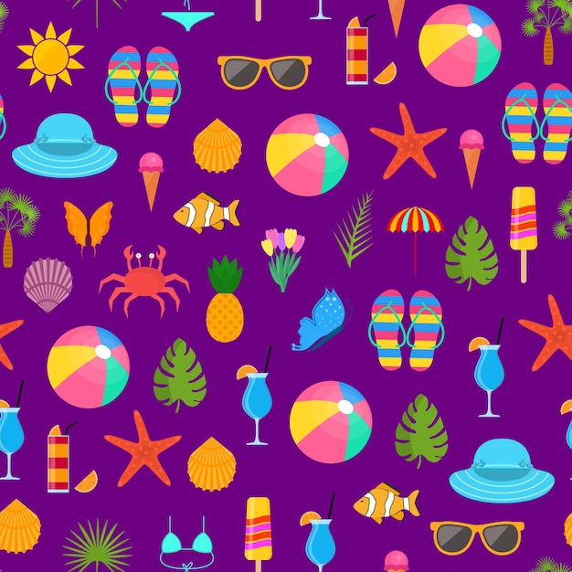 Summer Time Color Elements Seamless Pattern Background Vector