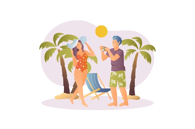 Vector summer time concept with people scene in the flat cartoon style guy takes a pictures of a girl