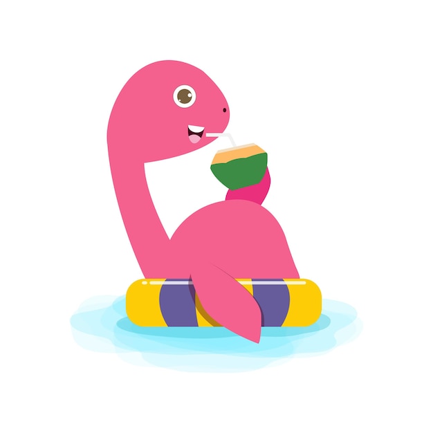 Summer time of cute dinosaur baby in swimming nd rubber ring dino cartoon floating on inflatable