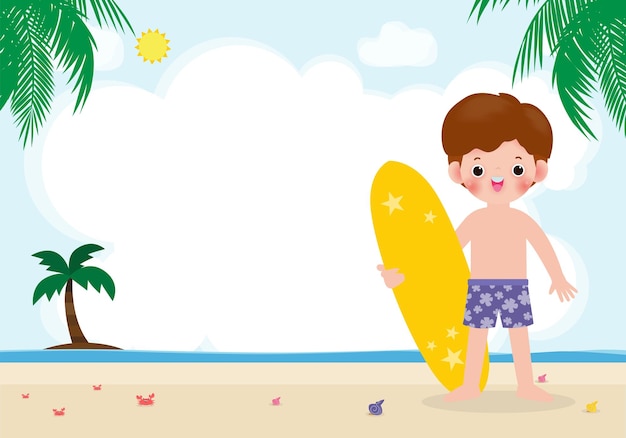 Estate e simpatico surfista bambini asiatici personaggio con tavola da surf sulla spiaggia felice giovane surfista, illustrazione isolato su sfondo on