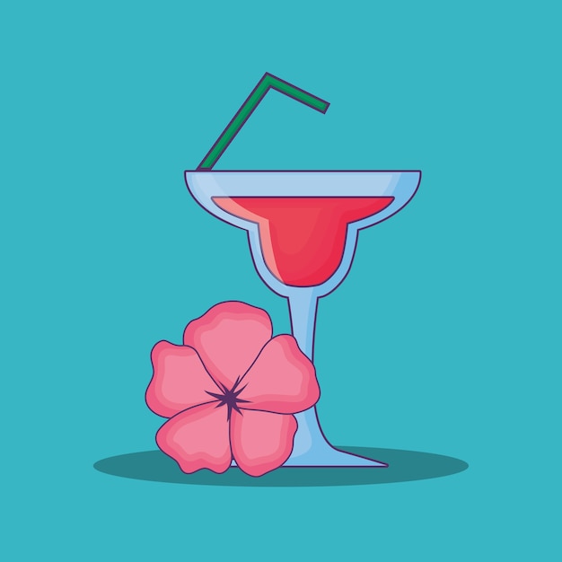 Vector summer time design with cocktail and tropical flower
