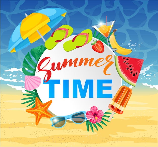 Vector summer time design with white circle for text and colorful beach elements