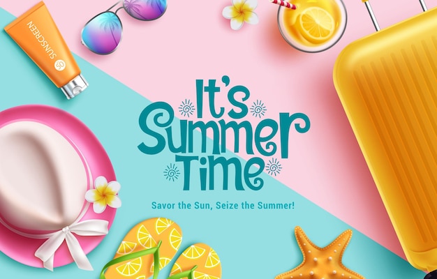 Vector summer time greeting vector design its summer time greeting text with yellow luggage bag pink hat