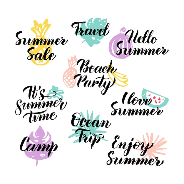 Vector summer time hand drawn quotes. vector illustration of handwritten lettering seasonal design elements.