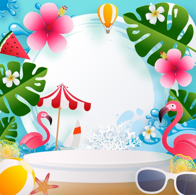 다채로운 여름과 여름 시간 휴가 디자인 3d 제품 연단