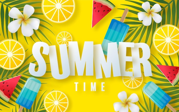 Vector summer time holiday  design with beachcolorful tropical flowers on background