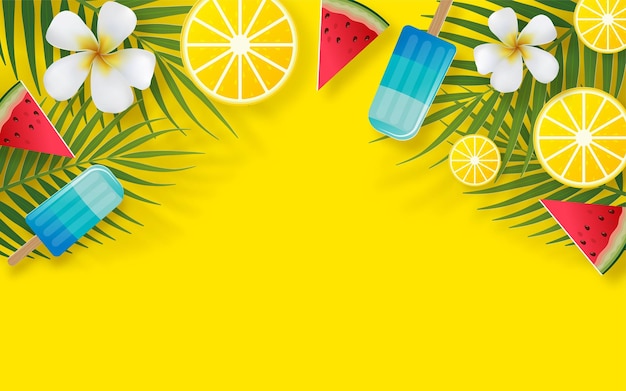 Design per le vacanze estive con fiori tropicali colorati sulla spiaggia sullo sfondo