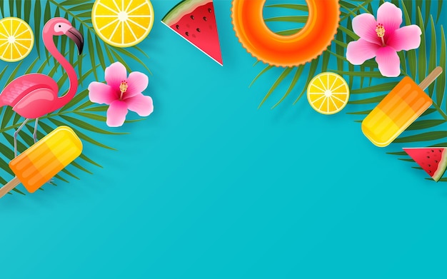 Design per le vacanze estive con fiori tropicali colorati sulla spiaggia sullo sfondo