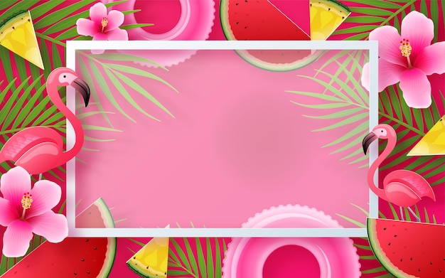 Summer time holiday  design with beachcolorful tropical flowers on background