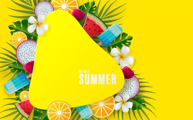 Vector summer time holiday  design with beachcolorful tropical flowers on background