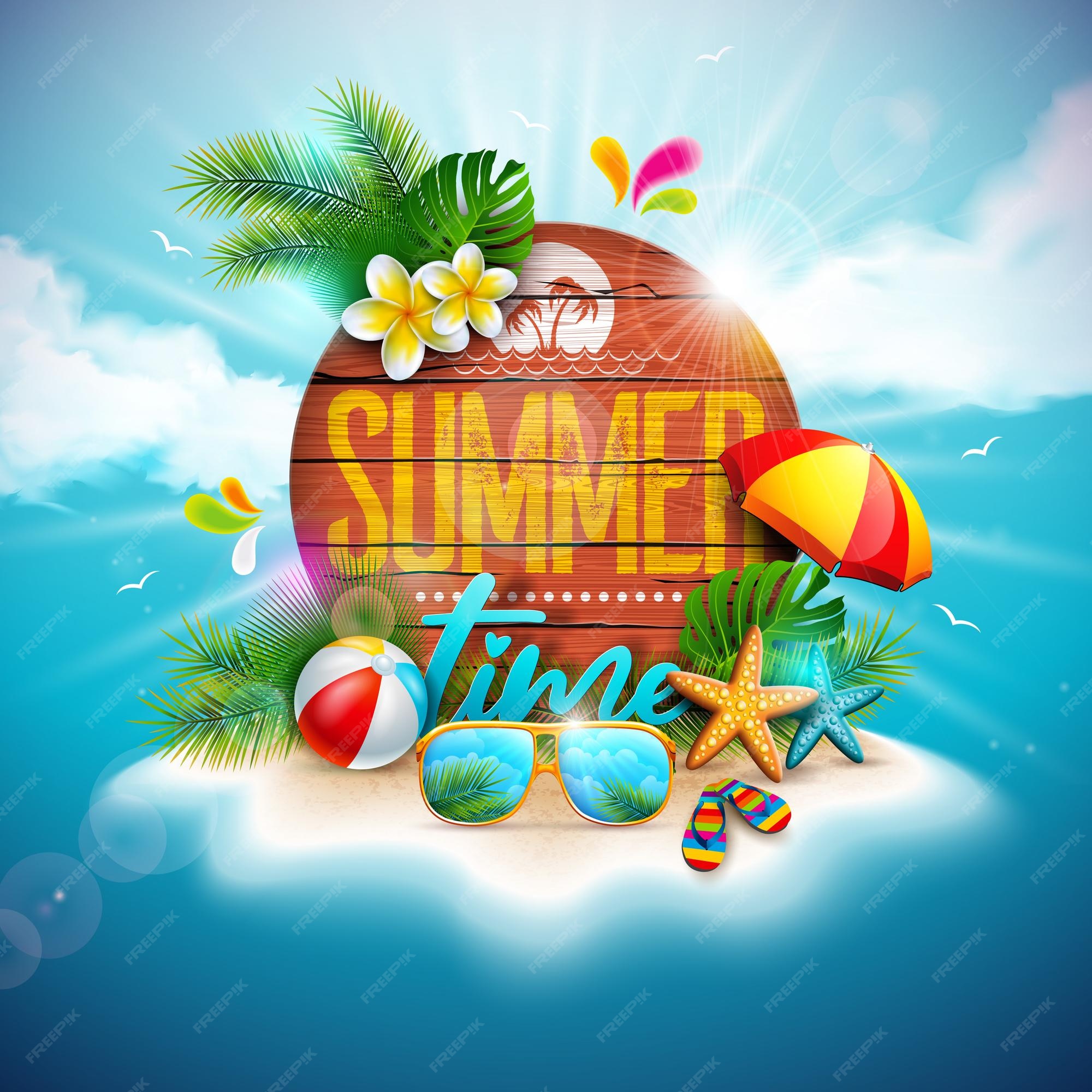 Summer time vector banner background. It's summer time text in island with  elements like sunglasses, palm leaves and tropical fruits and juice for  vacation season design. Vector illustration 5270903 Vector Art at