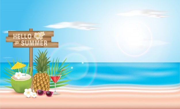 Vettore illustrazione tipografica holiday summer holiday. piante tropicali, cocco e cocktail. design.