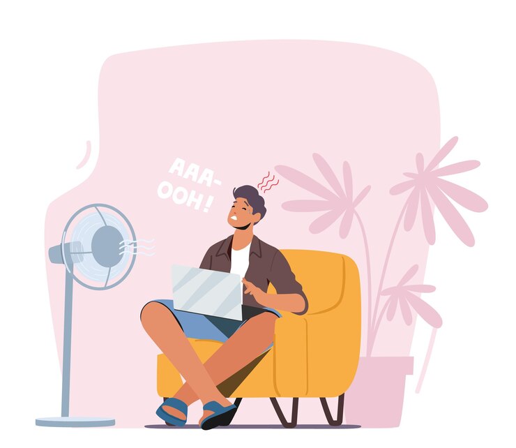 Vector summer time hot period concept sweltering in heat male character sitting on sofa trying to work under fan or ventilator