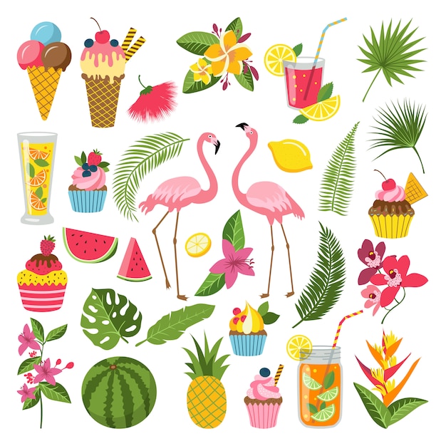 Vector summer time labels set for tropical party. different icons in flat style.