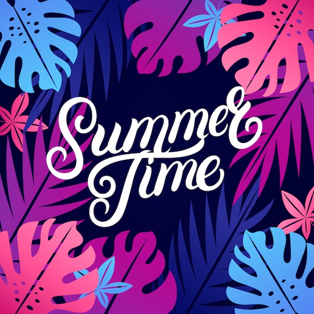 Summer Time lettering colorful with tropical plants leaves.