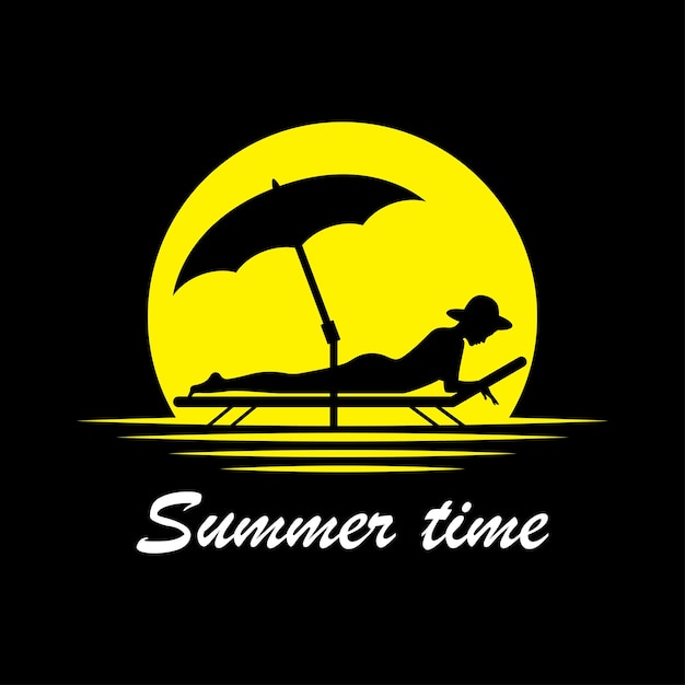 Summer time Logo Woman sunbathing at sunset Sun Umbrella Beach and Relaxing Vector illustration