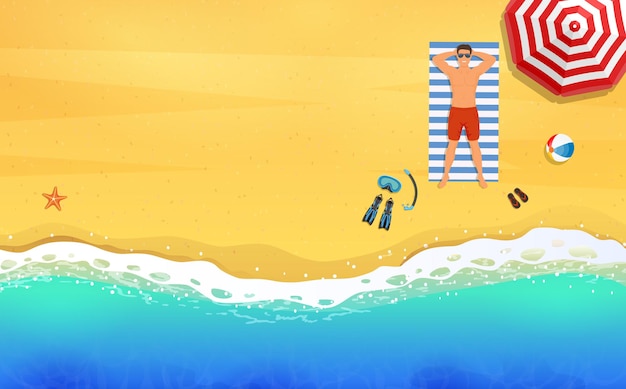 Летнее время. человек, носящий лежа на пляже на бело-синем полосатом полотенце.