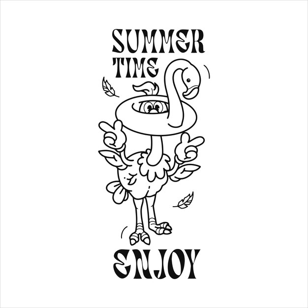 Vector summer time ostrich groovy cartoon vector illustration isolated on the white background