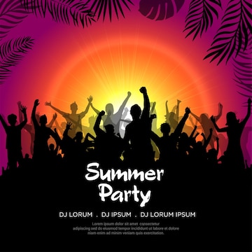 Premium Vector | Summer time party design background with happy youth  silhouette vector summer party flyer template