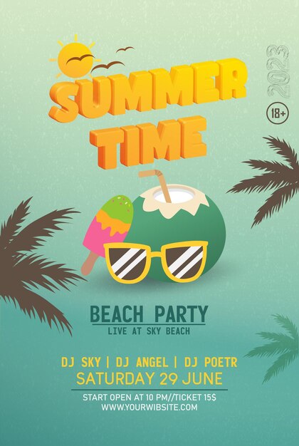 Vector summer time poster design with sky blue background sunglasses ice cream and coconute water