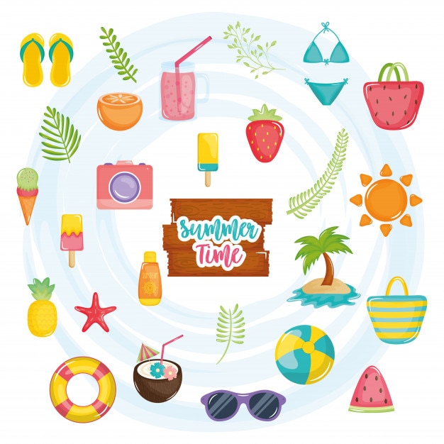 Vector summer time poster with wooden label and icons