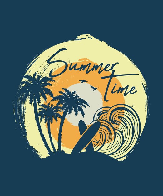 Summer time retro palm beach surf board tshirt design