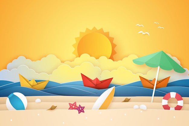 Summer time , sea and beach with boat and stuff  , paper art style