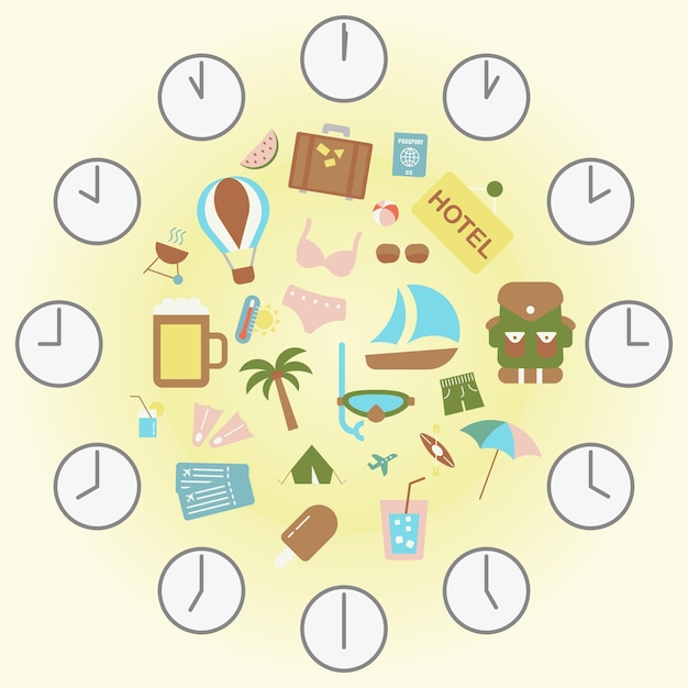 Summer time sea and beach with things Summer holiday icons Vector graphics