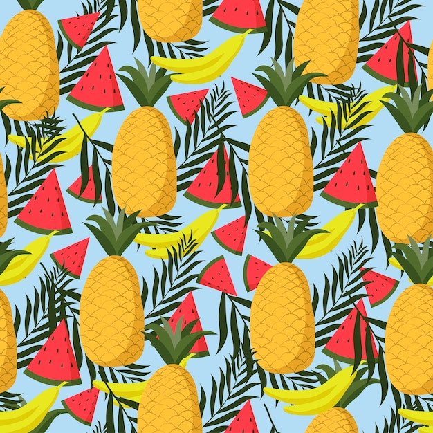 Summer time seamless pattern with pineapple bananas watermelon and tropical leaves