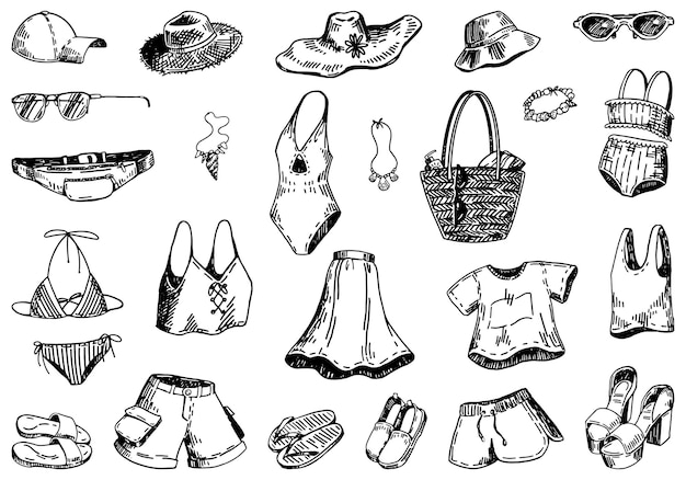 Summer time sketches collection Drawings set of clothes accesories bags hats swimsuits Hand drawn vector illustrations Cliparts isolated on white