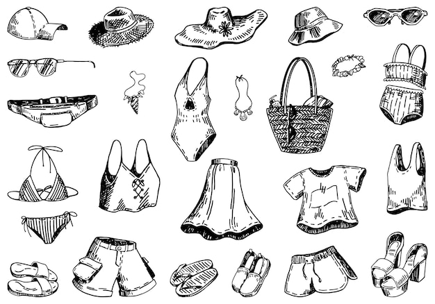Коллекция летних эскизов рисунки набор одежды аксессуары сумки шляпы купальники рисованной векторные иллюстрации клипарты изолированы на белом