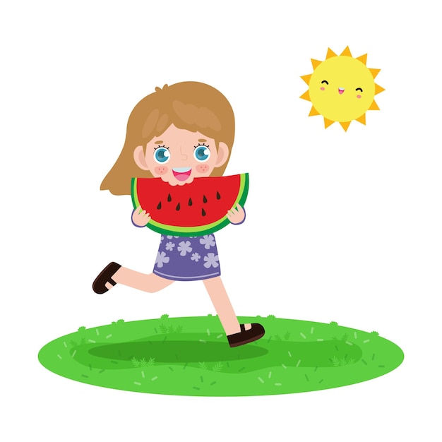 Summer time template banner cute little kids holding watermelon and jumping feeling happy in hot sunny day vacation flat cartoon isolated on white background