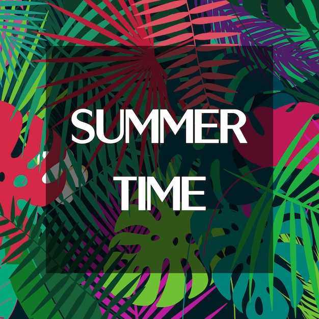 Summer time text on colorful palm leaves.