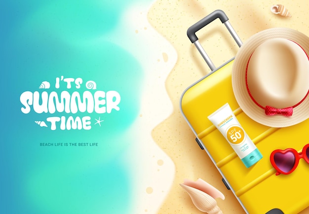 Vector summer time text vector background design its summer time greeting text in seashore with luggage b