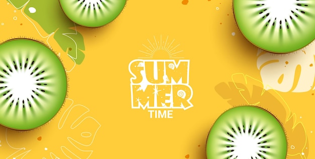 Summer time text vector background Summertime greeting text with slice kiwi tropical fruit