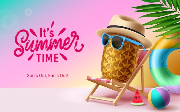 Summer time text vector design its summer time greeting with sitting pineapple fruit wearing