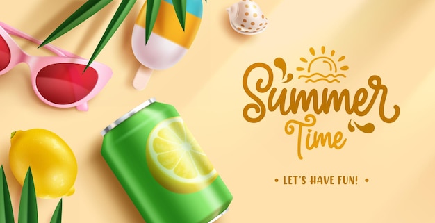 Vector summer time text vector design summer time greeting with tropical drinks soda cola and juice