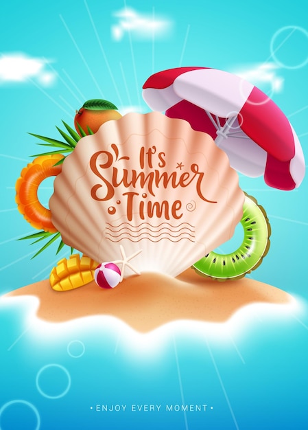 Vector summer time text vector poster design its summer time greeting text in shell clamp with umbrella