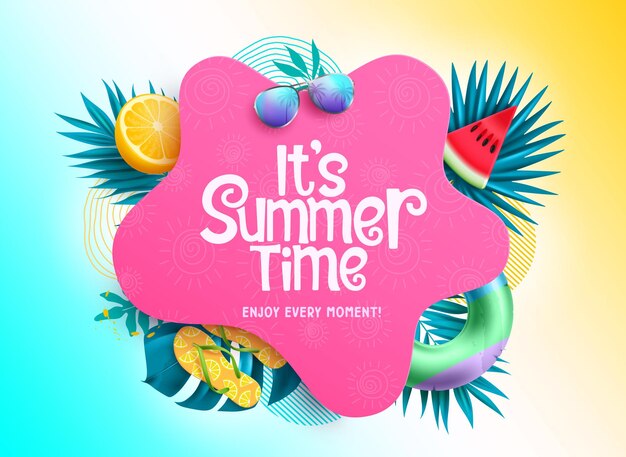 Vector summer time text vector template its summer time greeting text in pink space with palm leaves