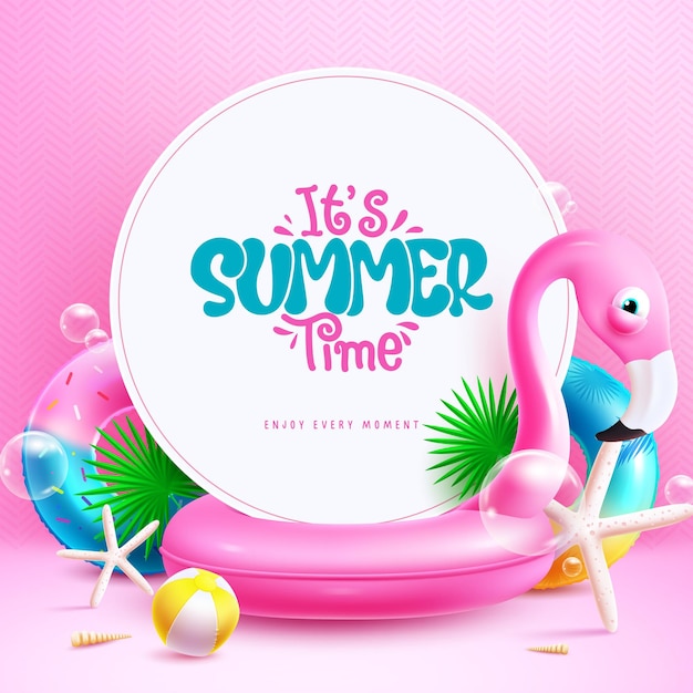 Summer time text vector template its summer time greeting in white space with flamingo floaters