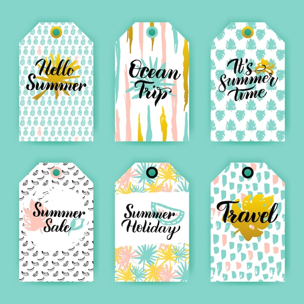 Summer time trendy gift labels. vector illustration of 80s style shop tag design with handwritten lettering.