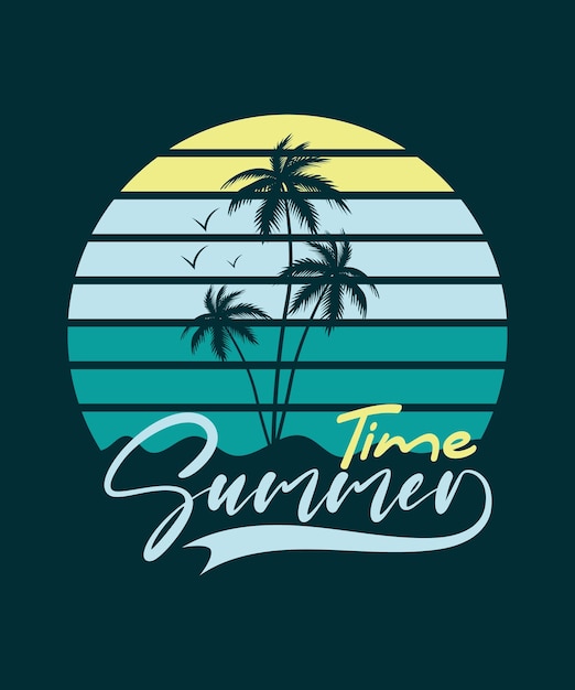 Summer time Tshirt design Palm trees and the sea with the words Summer time