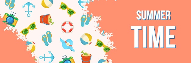 Summer time vacation banner with text and beach objects