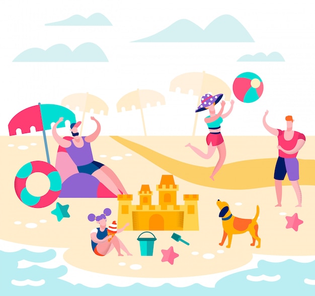 Vector summer time vacation, happy family relax on beach