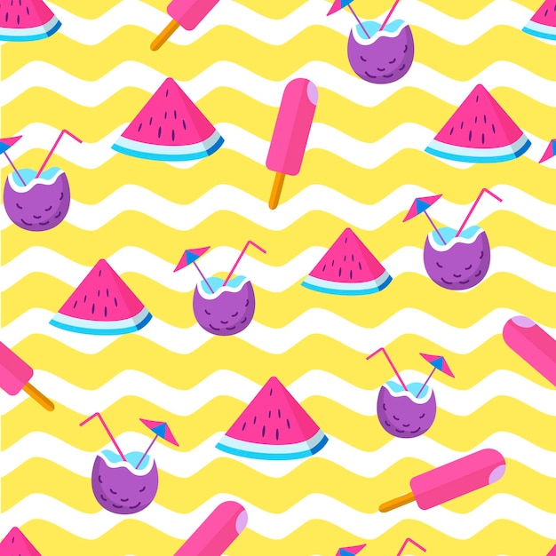 여름 시간 휴가 원활한 패턴 노란색 줄무늬 배경에 재미 아이스크림 코코넛 칵테일과 수박 조각 열 대 휴식 벡터 일러스트 레이 션 포장지에 대 한 디자인