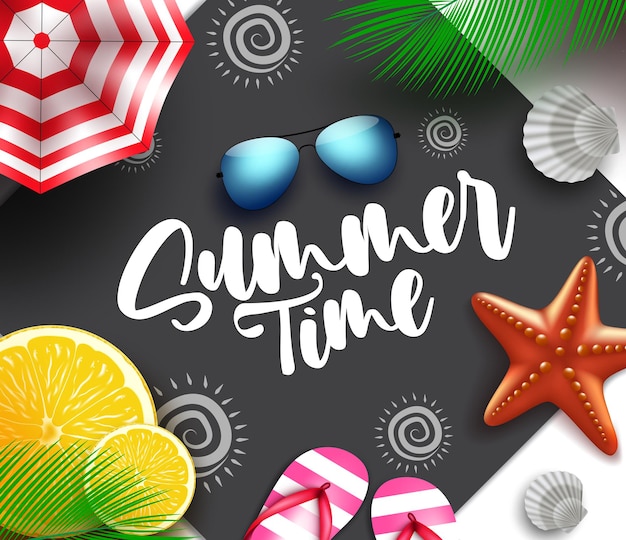 Summer time vector concept design Summer time text in beach mat with umbrella and sunglasses